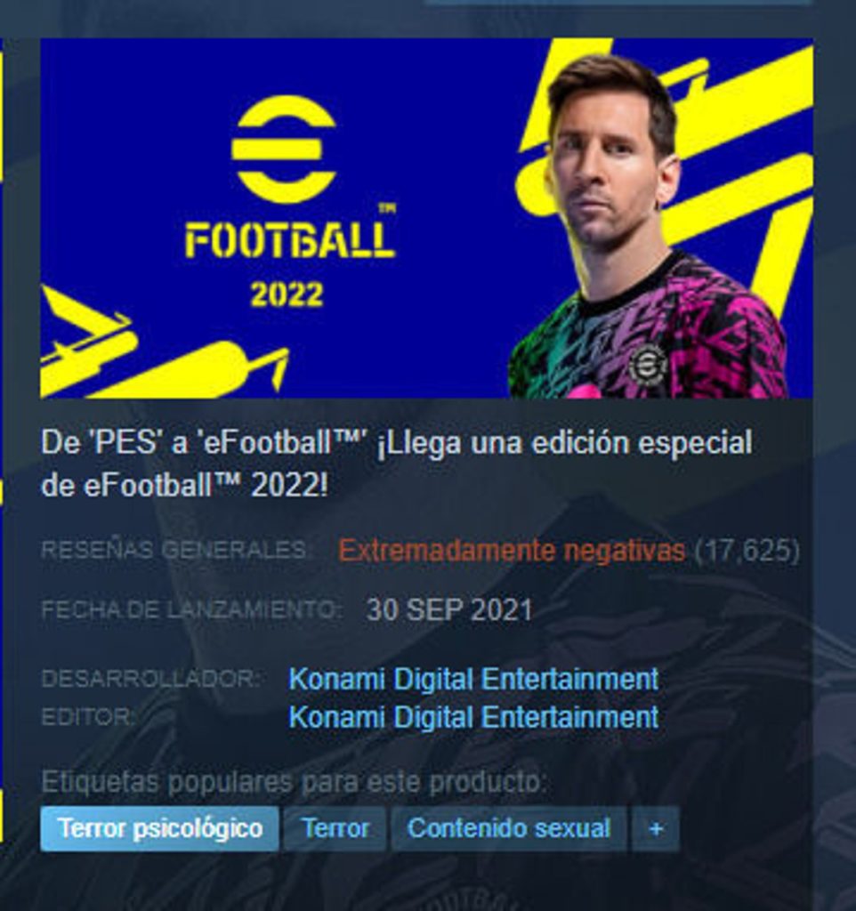 eFootball es catalogado como juego de terror en Steam