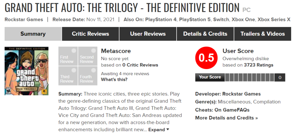 GTA trilogy calificación Metacritic