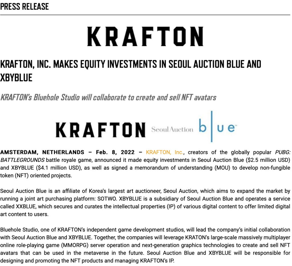 Krafton dio a conocer la inversión en un comunicado de prensa.